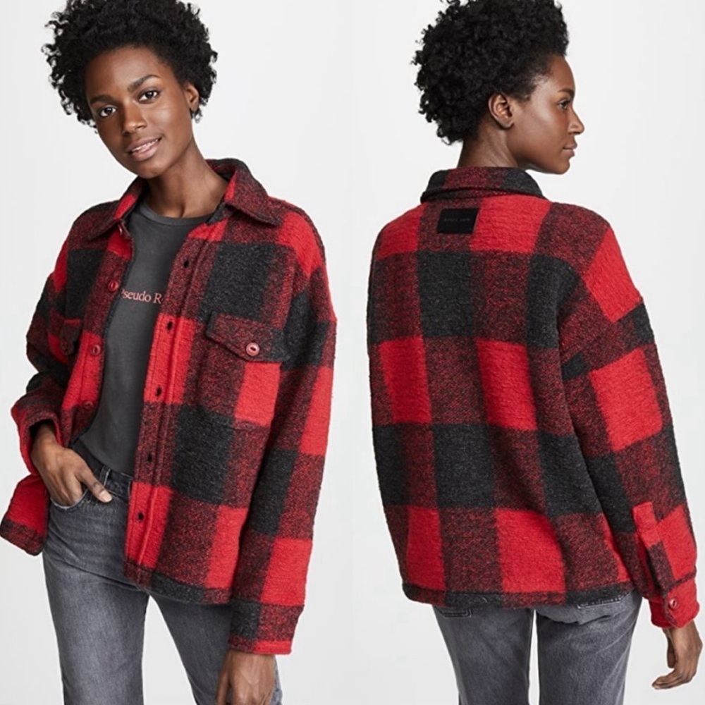 Anine Bing Bobbi Wool Jacket Buffalo Plaid Red Black Shacket Sz M